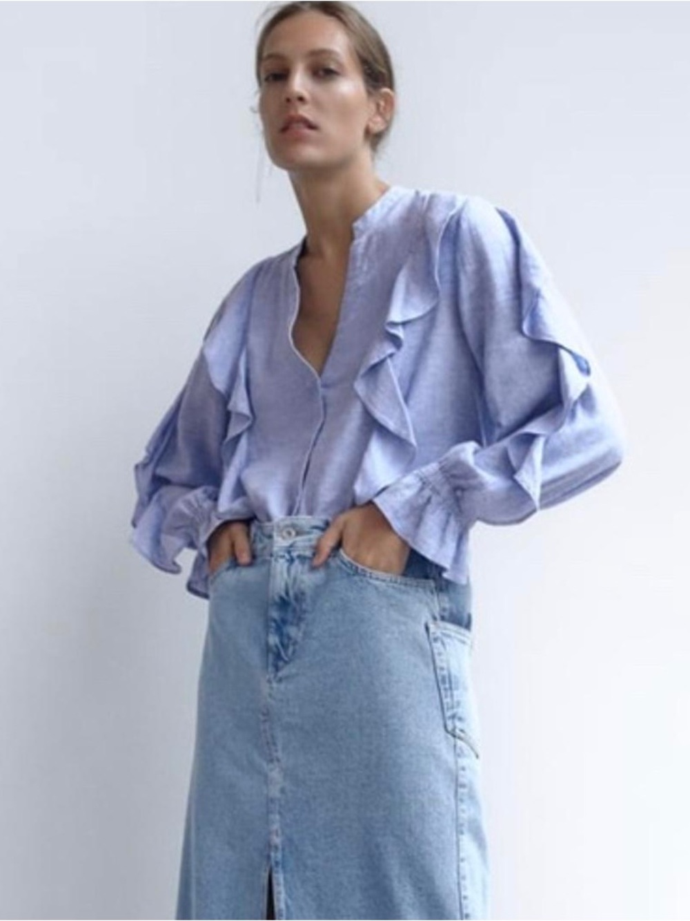 Zara Ruffled Rustic Light Blue Button Down Shirt Blouse NWT